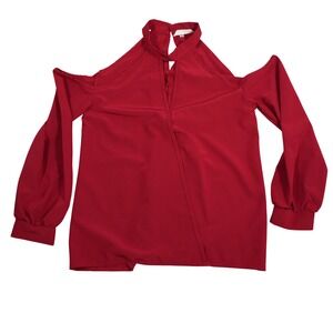 Exlura Blouse Women's Size S Red Exposed Shoulder Long Sleeve Key‎ Hole